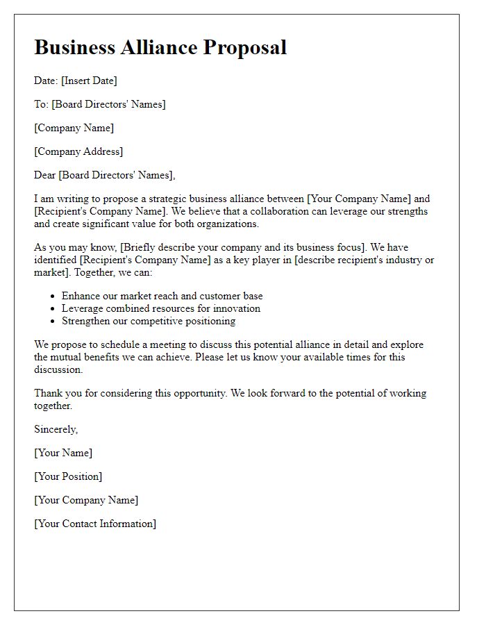 Letter template of business alliance proposal for board directors.