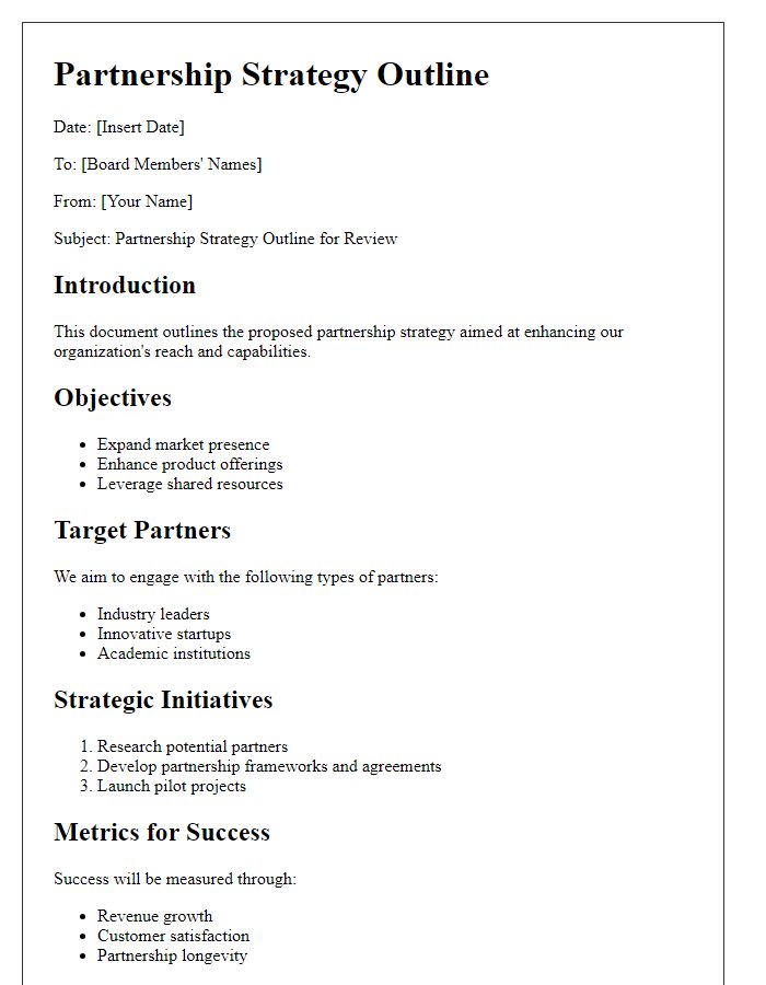 Letter template of partnership strategy outline for board members.