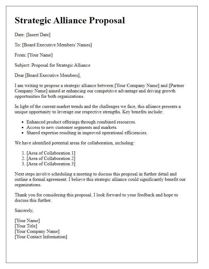 Letter template of strategic alliance proposal for board executive members.