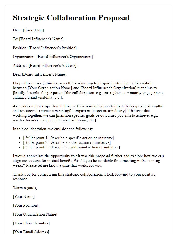 Letter template of strategic collaboration proposal for board influencers.