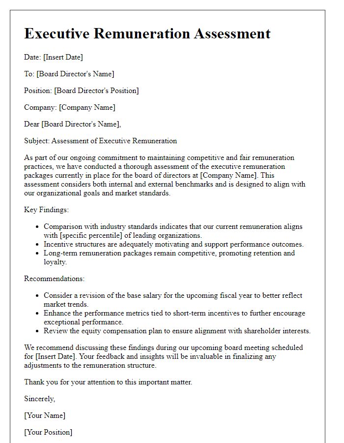 Letter template of executive remuneration assessment for board directors