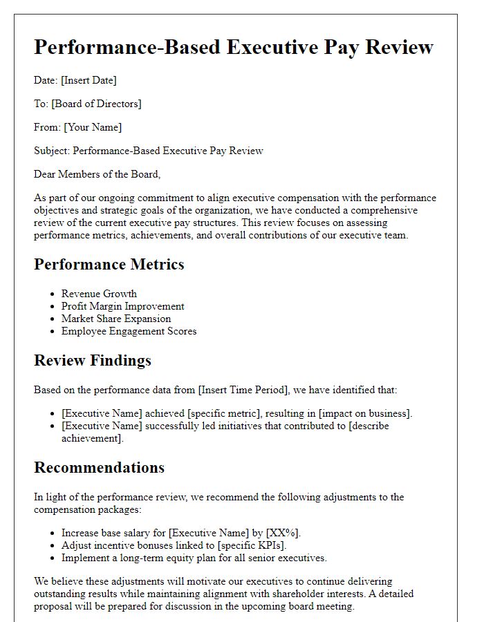 Letter template of performance-based executive pay review for the board