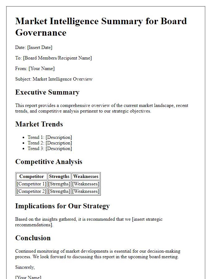 Letter template of market intelligence summary for board governance