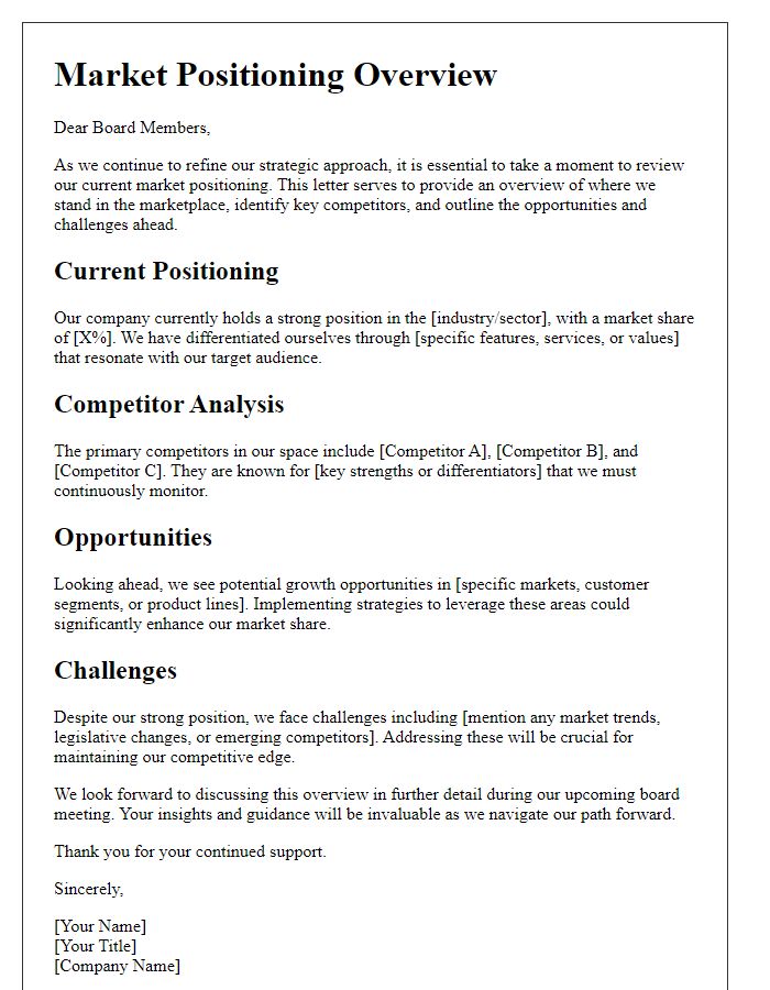 Letter template of market positioning overview for board members