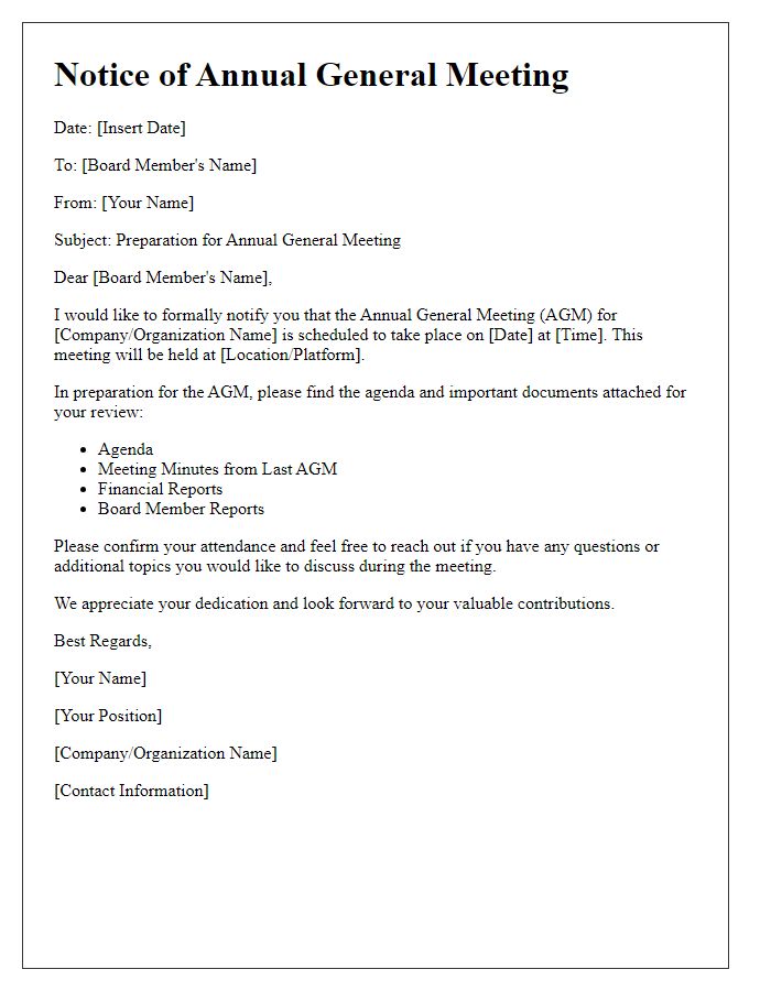 Letter template of Annual General Meeting Preparation Notice for Board Members