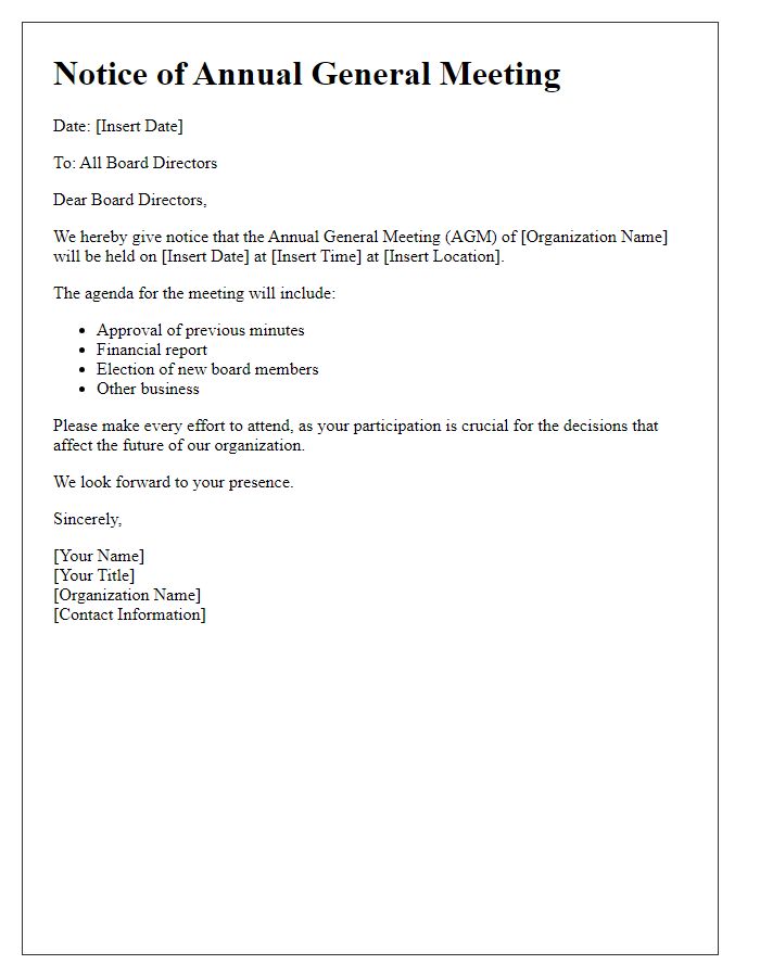 Letter template of Notice for Board Directors Annual General Meeting