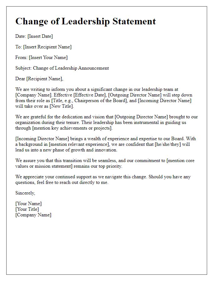 Letter template of Board Director Change of Leadership Statement