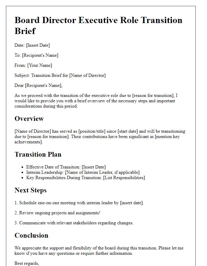 Letter template of Board Director Executive Role Transition Brief