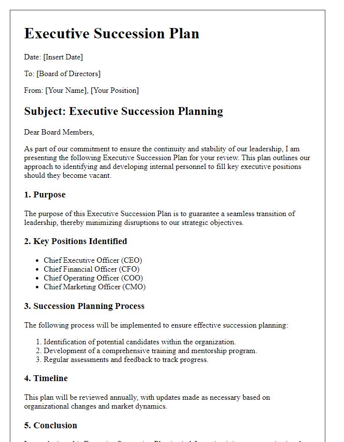 Letter template of Board Director Executive Succession Plan