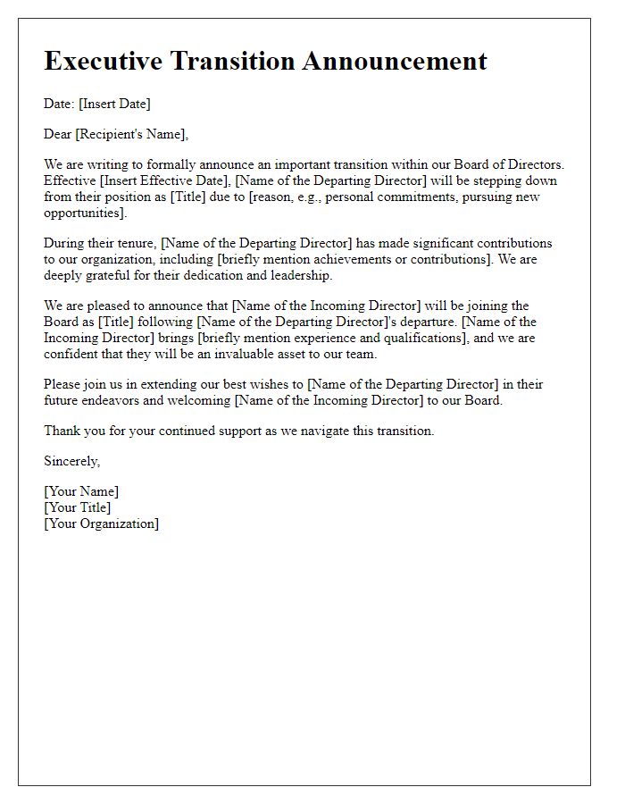 Letter template of Board Director Executive Transition Announcement