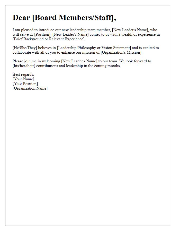 Letter template of Board Director New Leadership Introduction