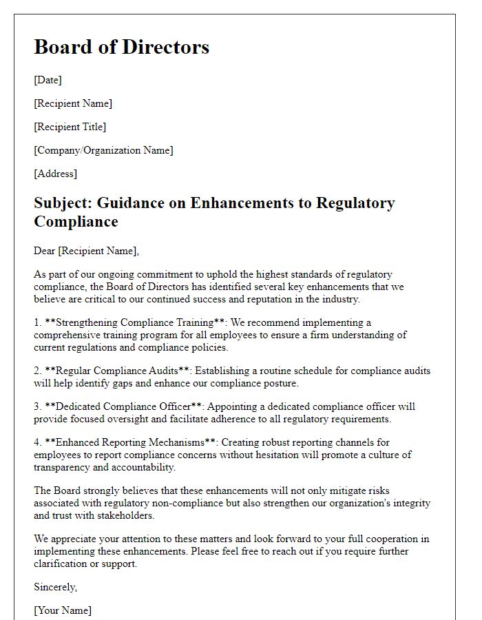 Letter template of board guidance on regulatory compliance enhancements.