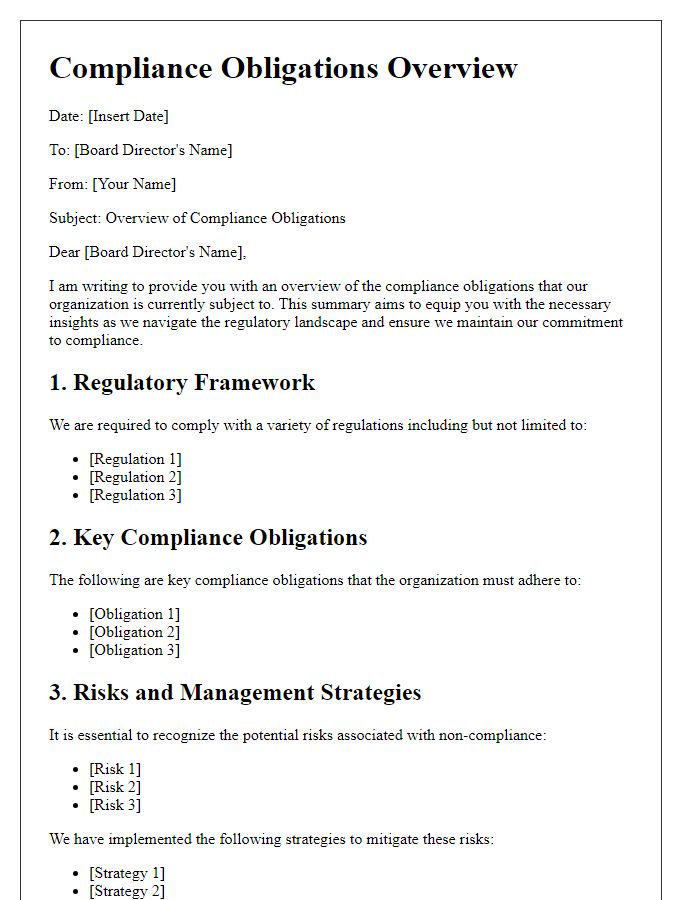 Letter template of compliance obligations overview for board directors.