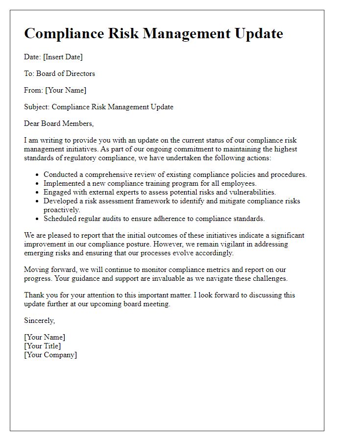 Letter template of compliance risk management update for board.