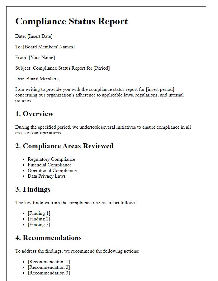 Letter template of compliance status report for board members.