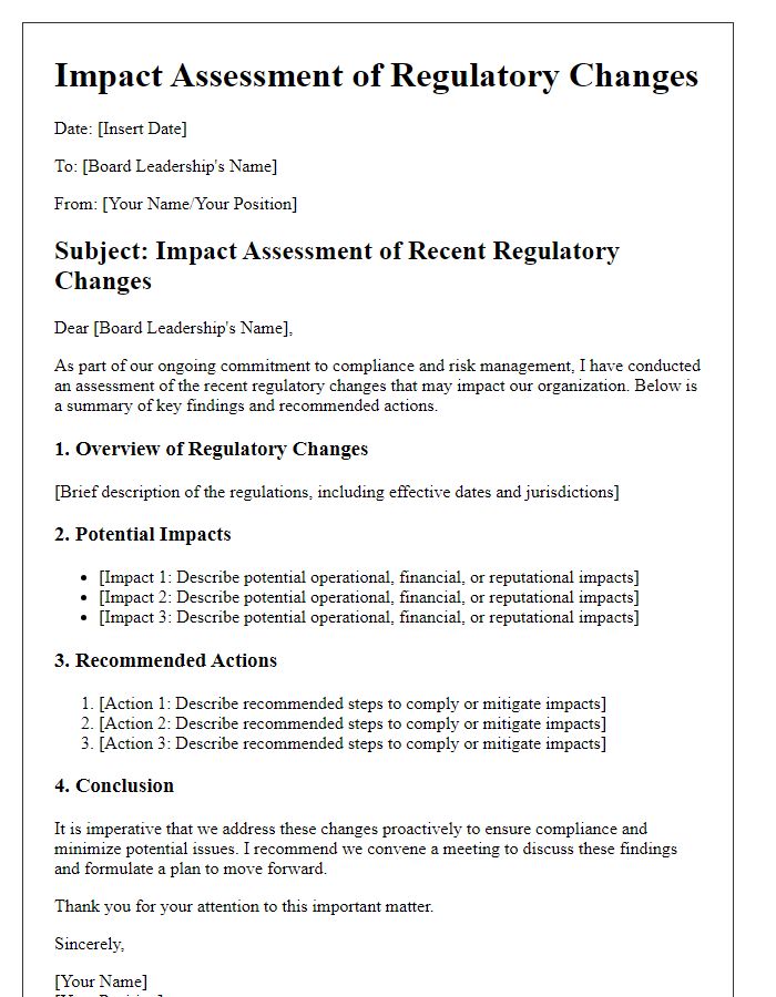 Letter template of regulatory changes impact assessment for board leadership.