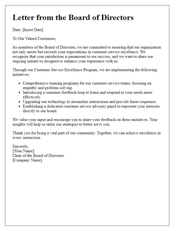 Letter template of board director addressing customer service excellence initiatives.