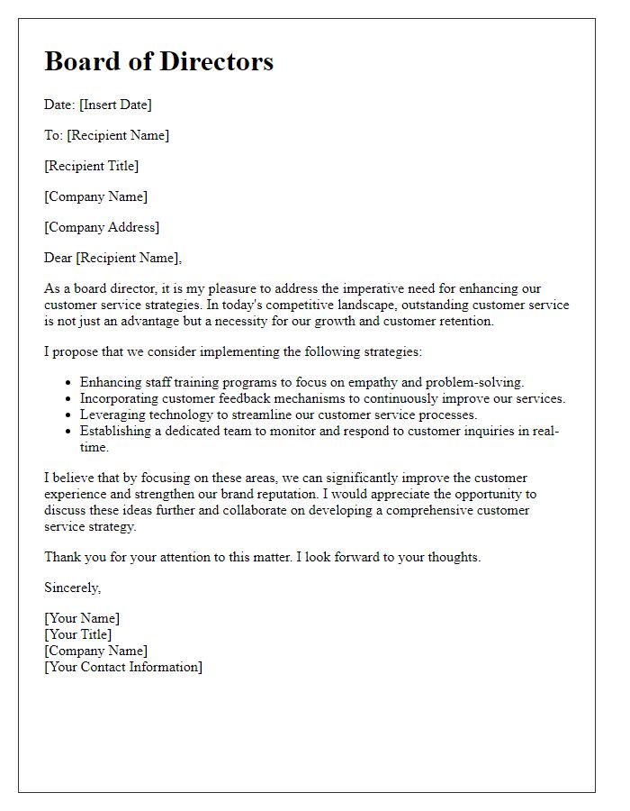 Letter template of board director for enhancing customer service strategies.