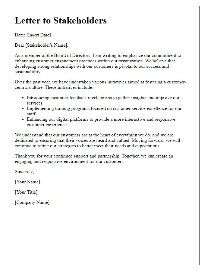 Letter template of board director focused on customer engagement practices.