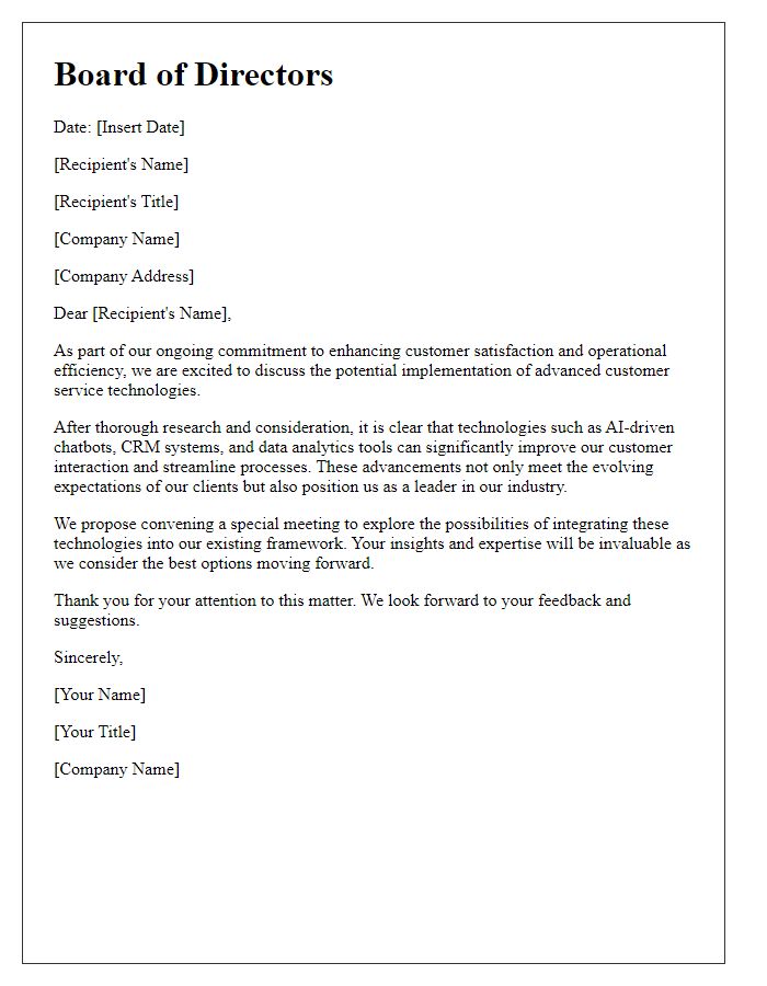 Letter template of board director for implementing advanced customer service technologies.