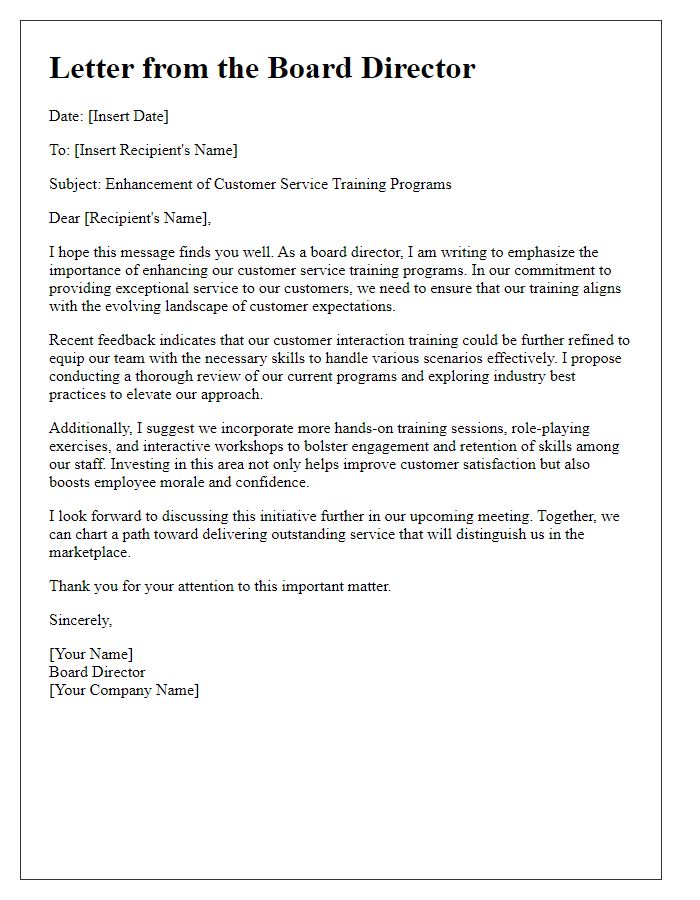 Letter template of board director on improving customer service training programs.