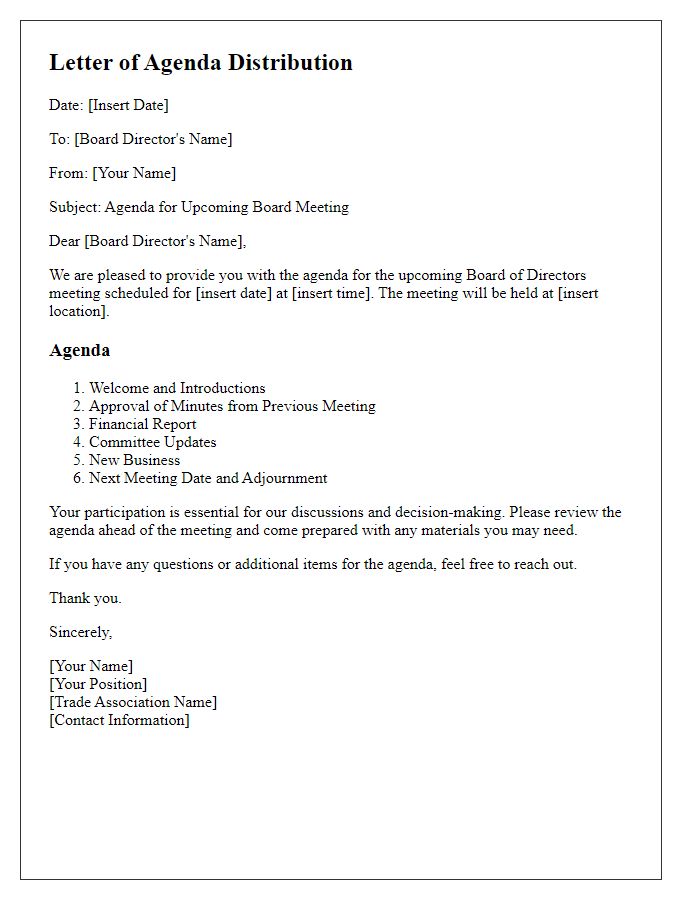 Letter template of agenda distribution for board director trade association meeting.