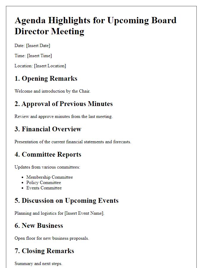 Letter template of agenda highlights for upcoming board director trade association meeting.