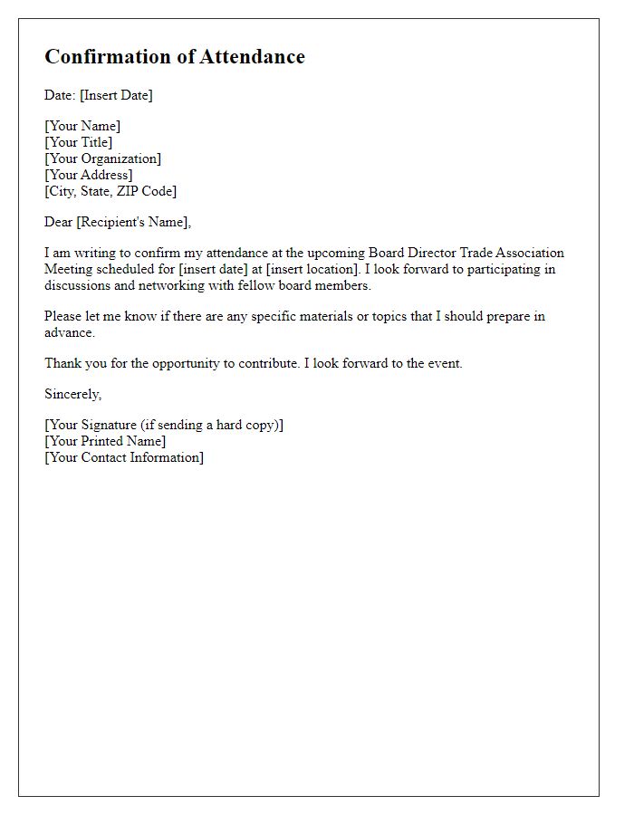 Letter template of confirmation for attendance at board director trade association meeting.