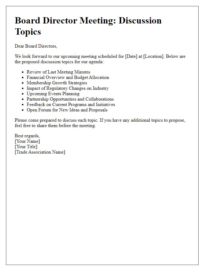 Letter template of discussion topics for board director trade association meeting.