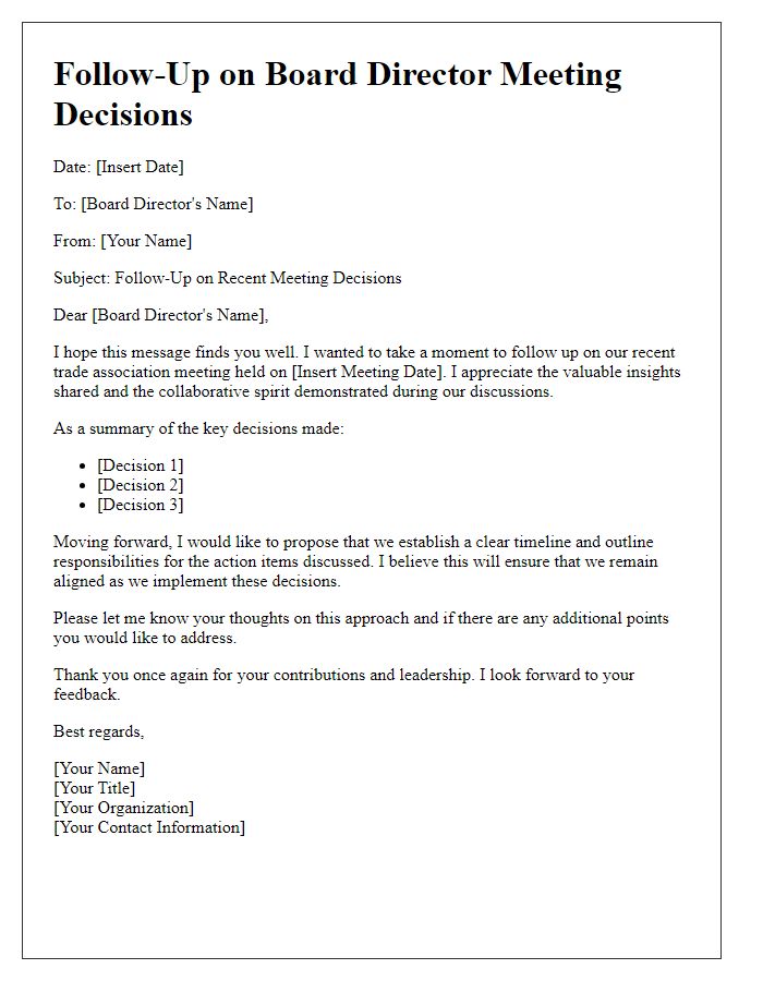 Letter template of follow-up for board director trade association meeting decisions.