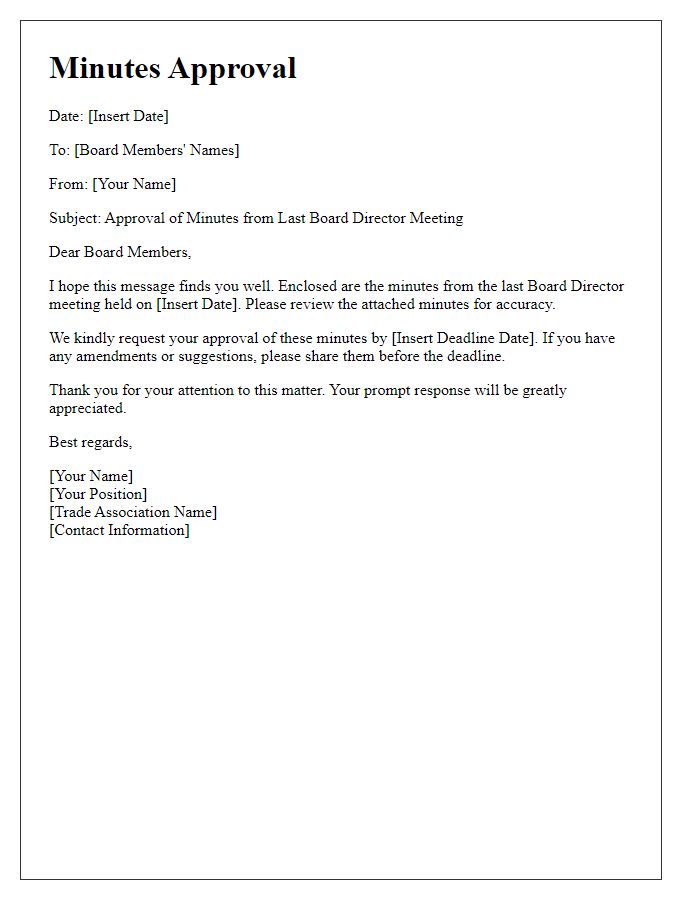 Letter template of minutes approval from last board director trade association meeting.