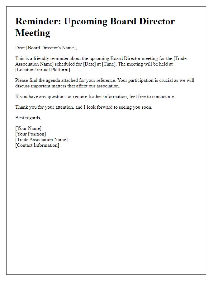 Letter template of reminder for board director trade association meeting.