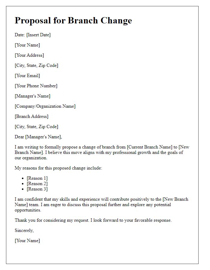 Letter template of proposal for branch change