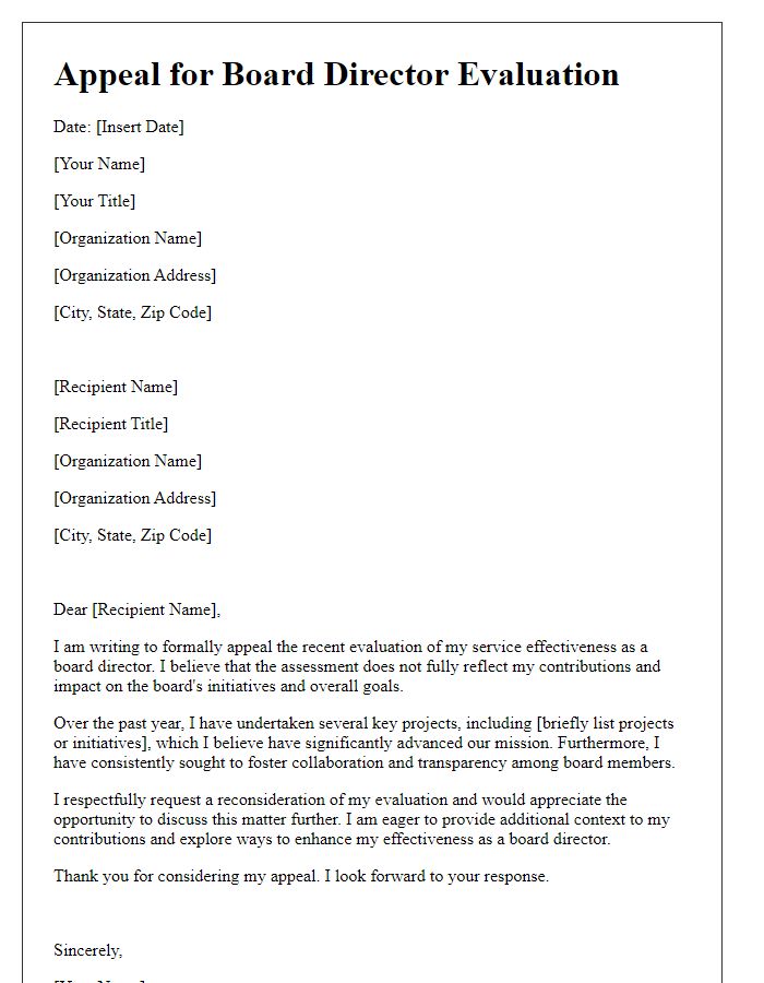 Letter template of appeal for board director evaluation of service effectiveness.