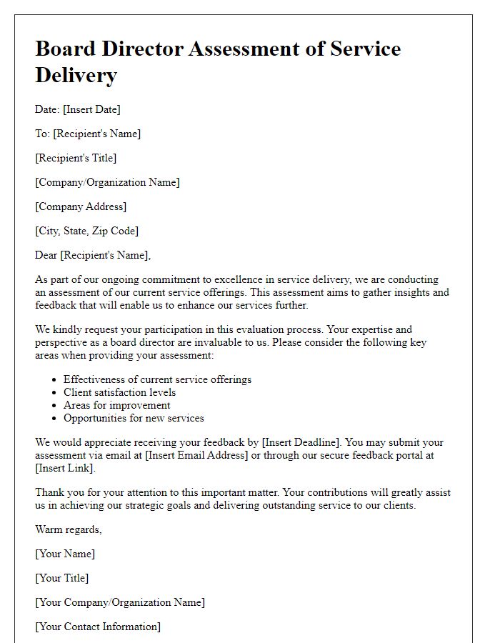 Letter template of correspondence for board director assessment of service delivery.