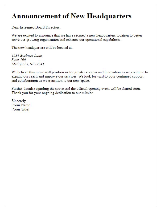 Letter template of new headquarters announcement for board directors