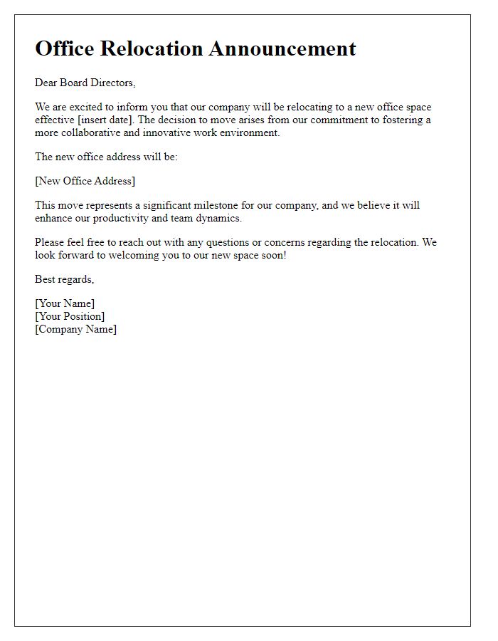 Letter template of office relocation announcement for board directors