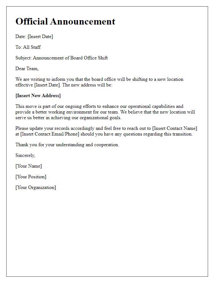 Letter template of official announcement for board office shift