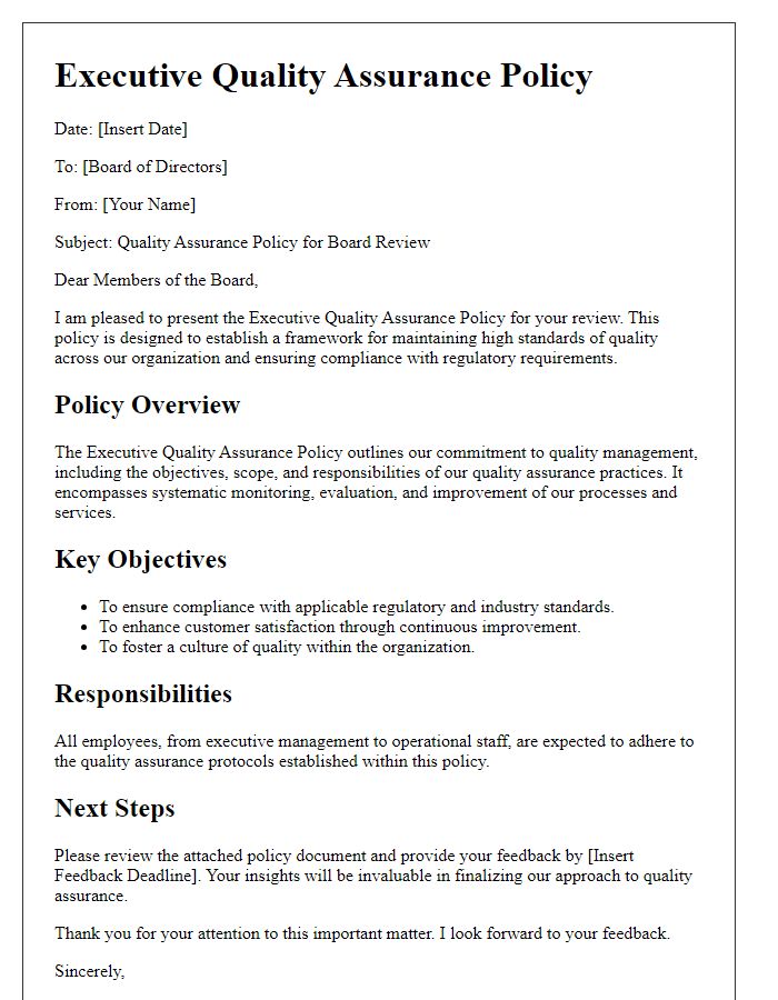 Letter template of Executive Quality Assurance Policy for Board Review