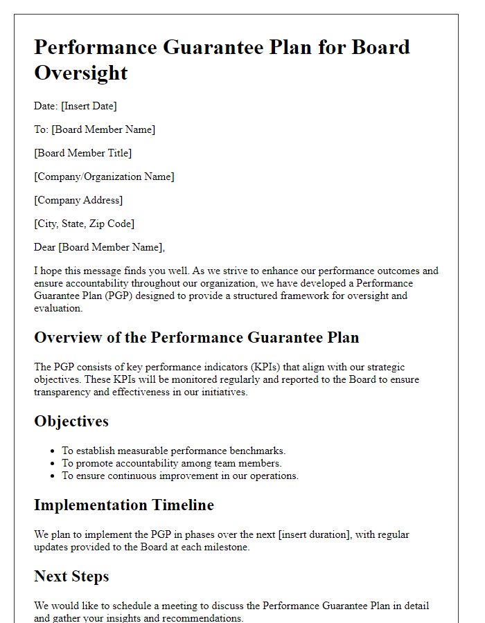 Letter template of Performance Guarantee Plan for Board Oversight