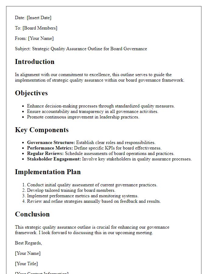 Letter template of Strategic Quality Assurance Outline for Board Governance