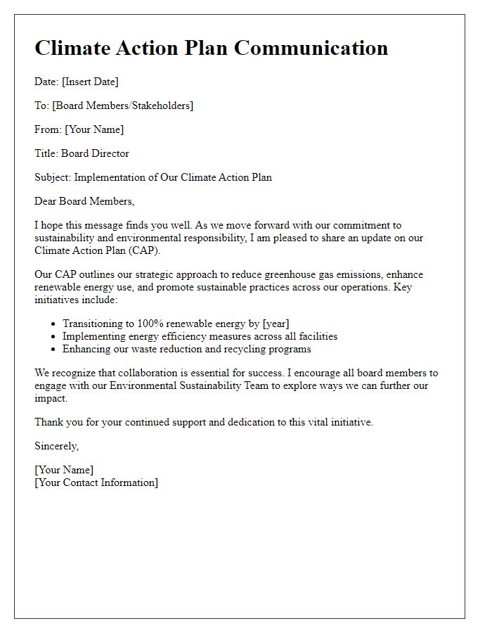 Letter template of Board Director Climate Action Plan Communication