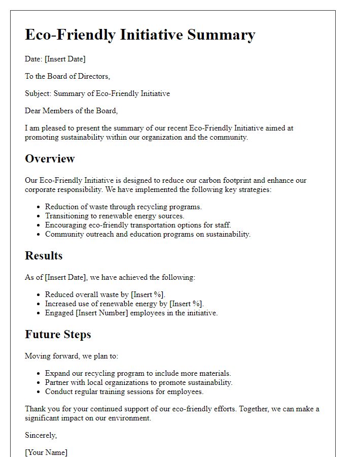 Letter template of Board Director Eco-Friendly Initiative Summary