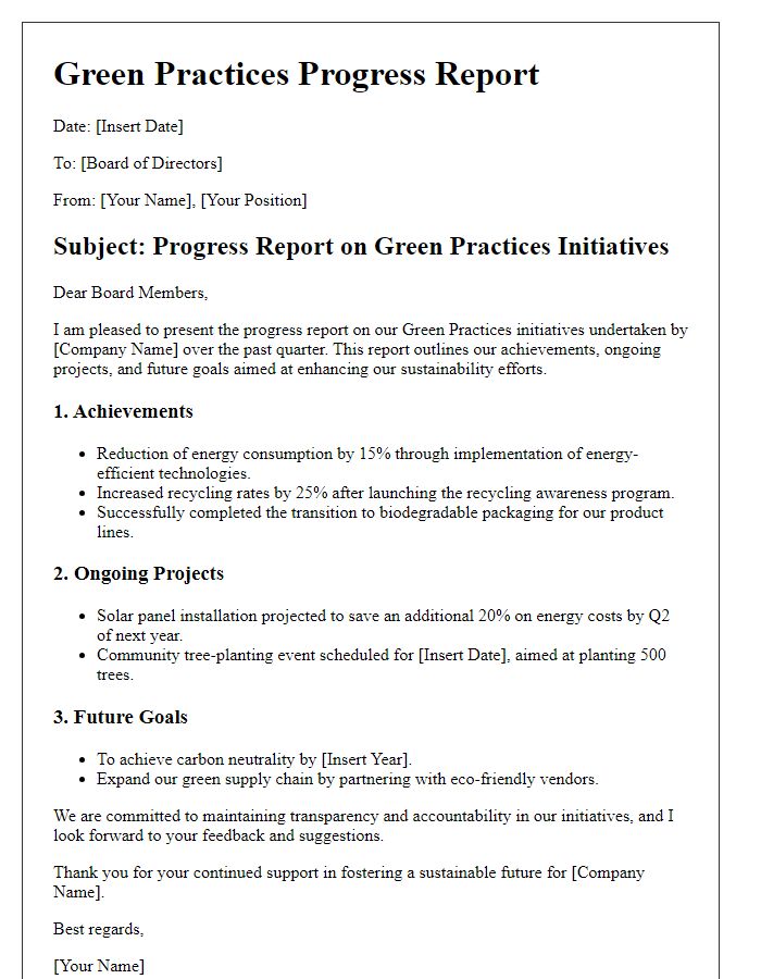 Letter template of Board Director Green Practices Progress Report