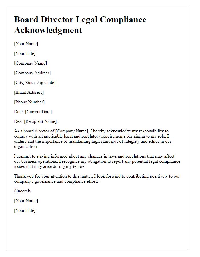 Letter template of board director legal compliance acknowledgment.