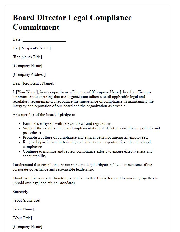 Letter template of board director legal compliance commitment.