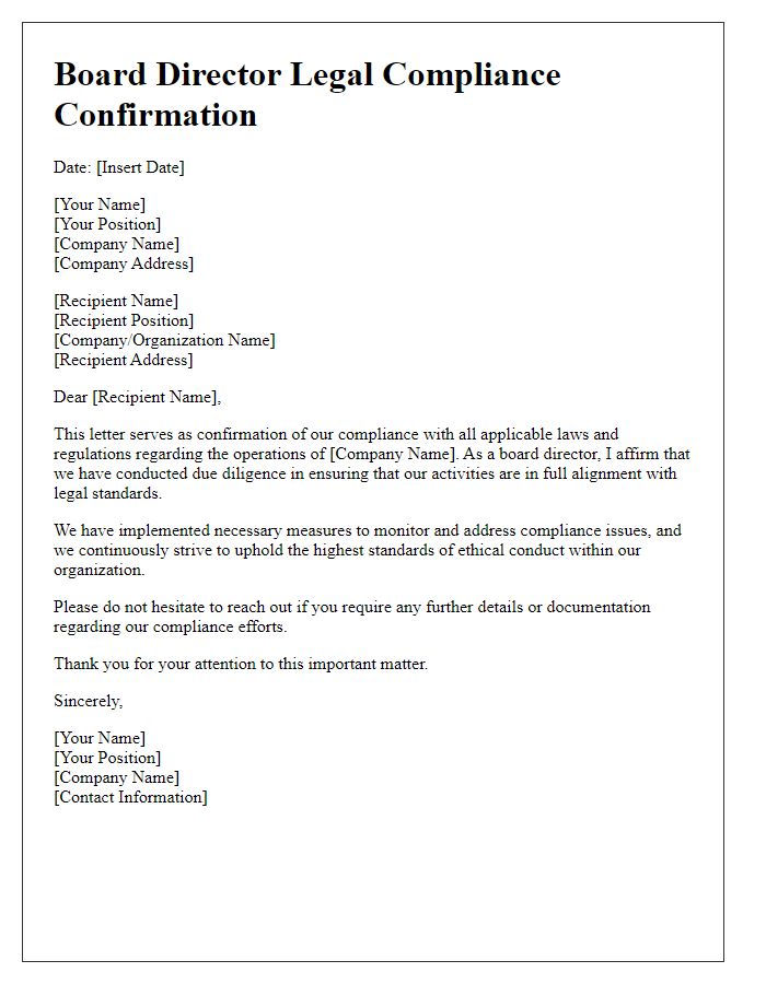 Letter template of board director legal compliance confirmation.