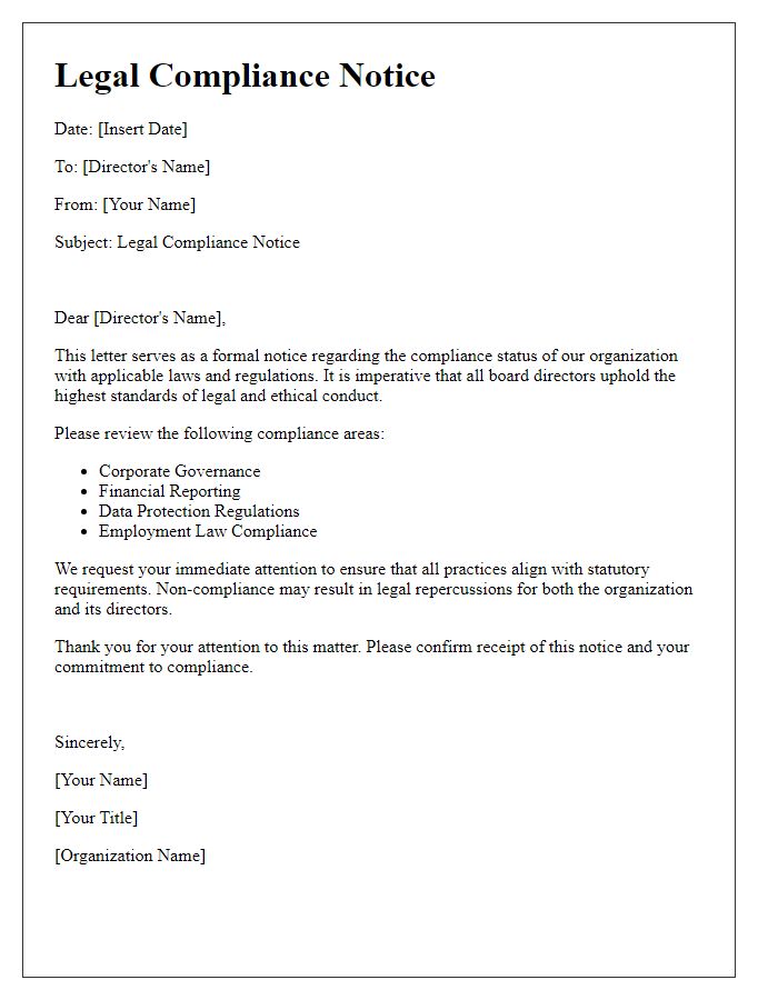 Letter template of board director legal compliance notice.