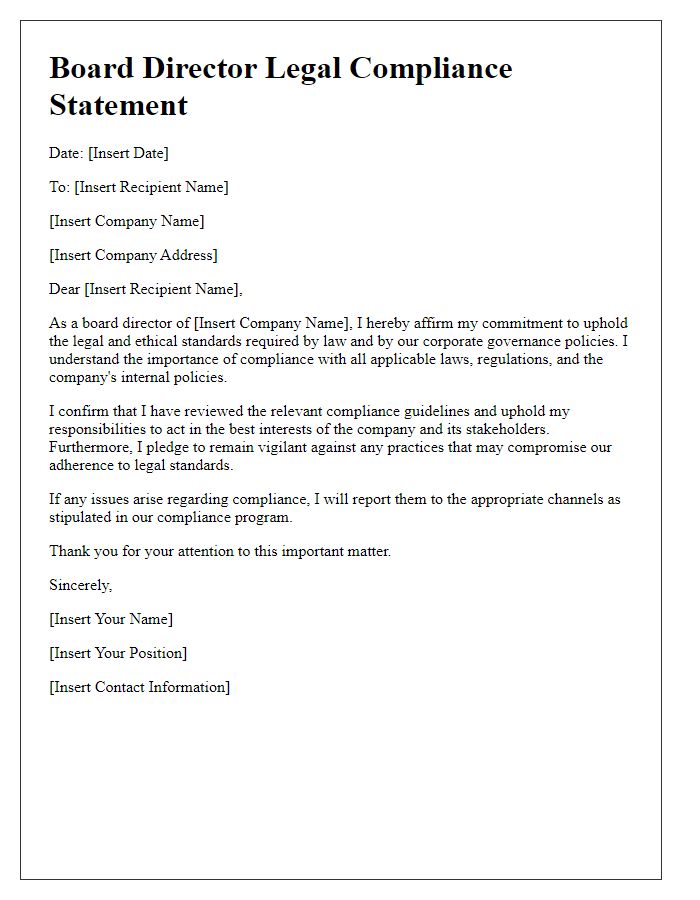 Letter template of board director legal compliance statement.