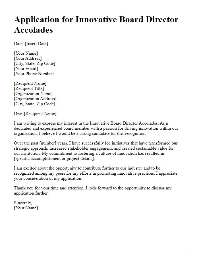 Letter template of application for innovative board director accolades.